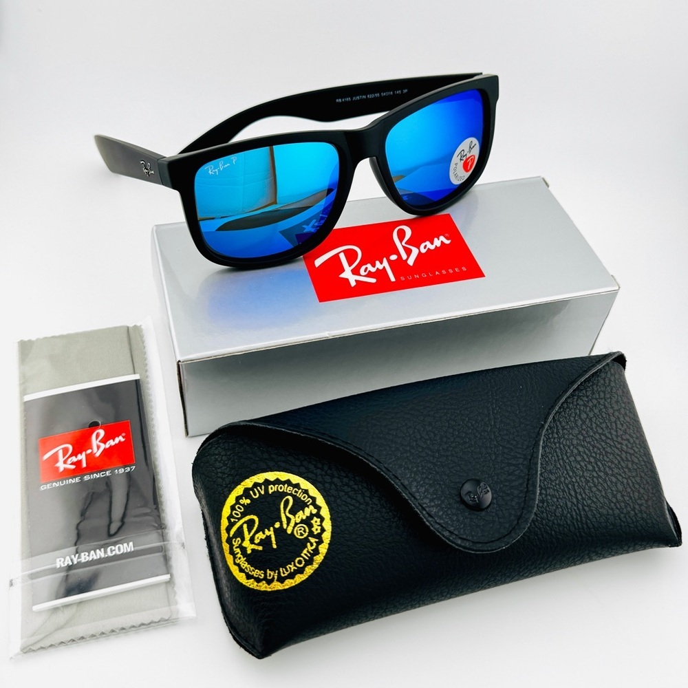 Ray-Ban Justin Sunglasses RB4165 Matte Rubber Black Frame Blue Mirror Lenses - Picture 15 of 15